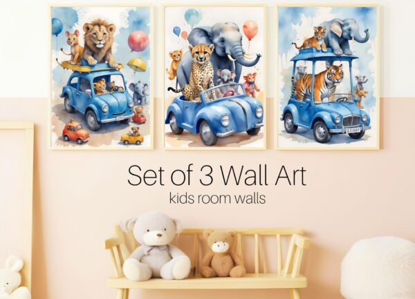 Animals On Cars Nursery Kids Set Of 3 Digital Prints Download