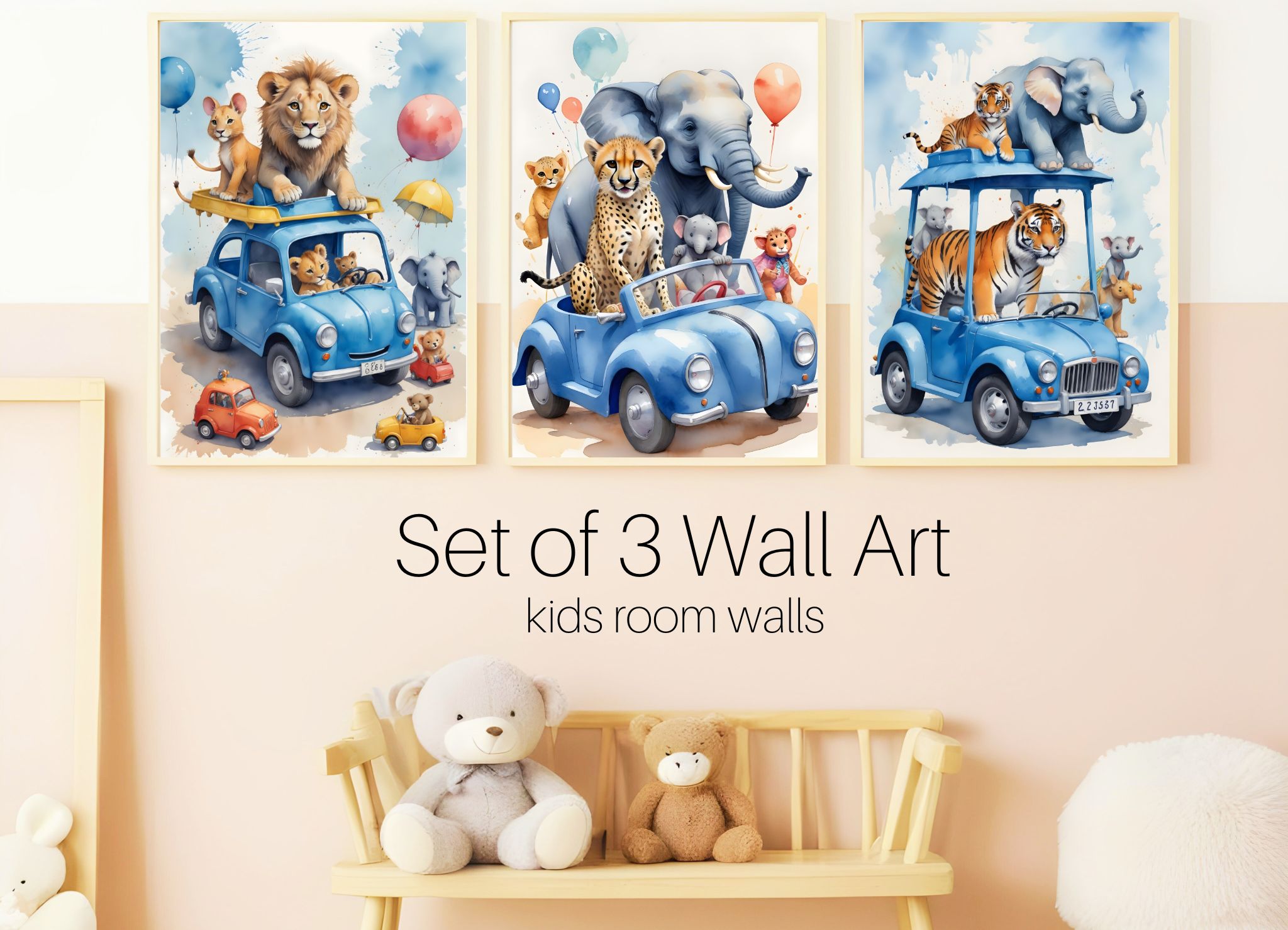 Animals On Cars Nursery Kids Set Of 3 Digital Prints Download