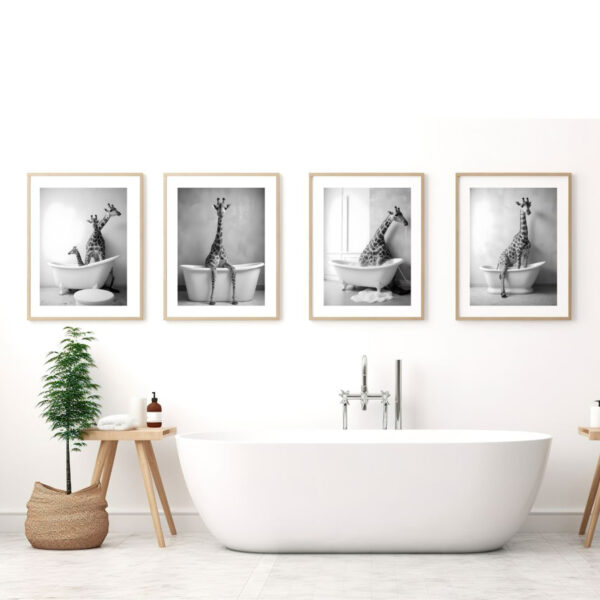 Giraffe in Tub Printable Wall Art Giraffe Photo Set of 4 Digital Download