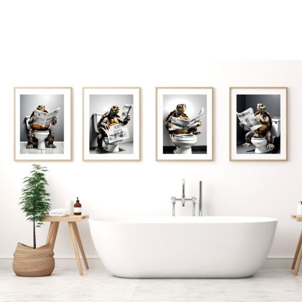 Tortoise on Toilet Bathroom Print Animal on Toilet Set of 4 Digital Download