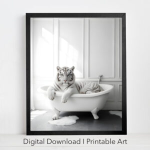 White Tiger in Tub Printable Wall Art Digital Set of 4 Digital Download