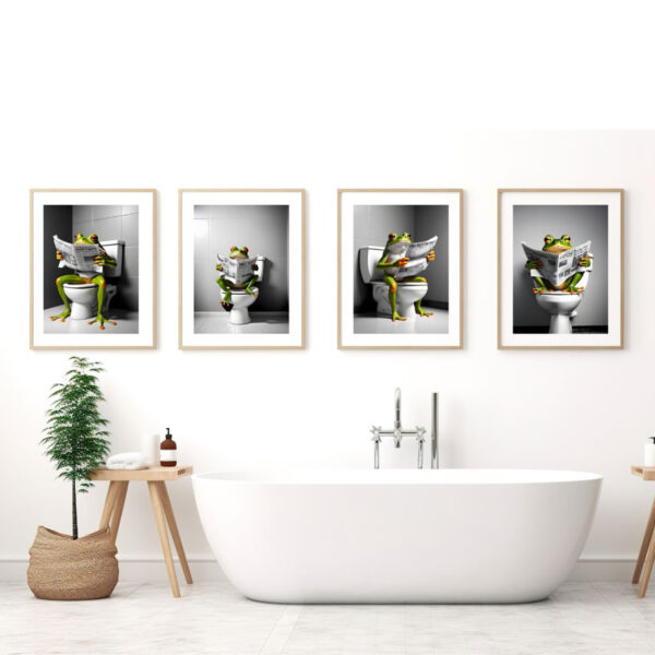 Frog on Toilet Bathroom Print Animal on Toilet Set of 4 Digital Download