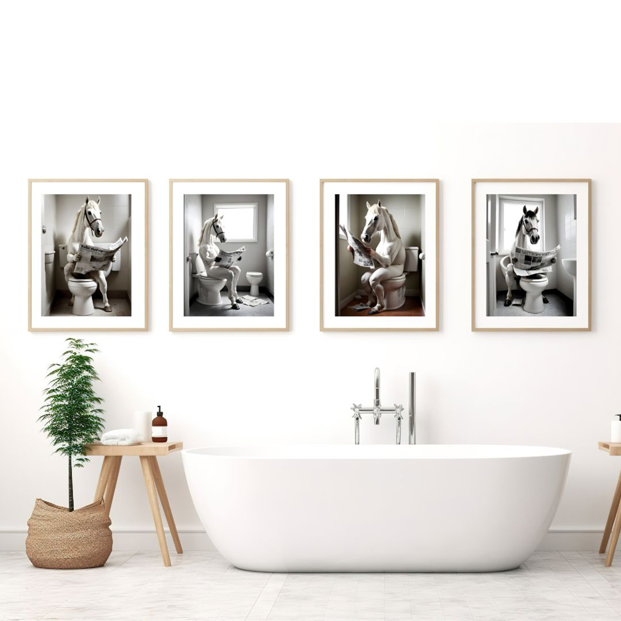 Horse on Toilet Bathroom Print Animal on Toilet Set of 4 Digital Download