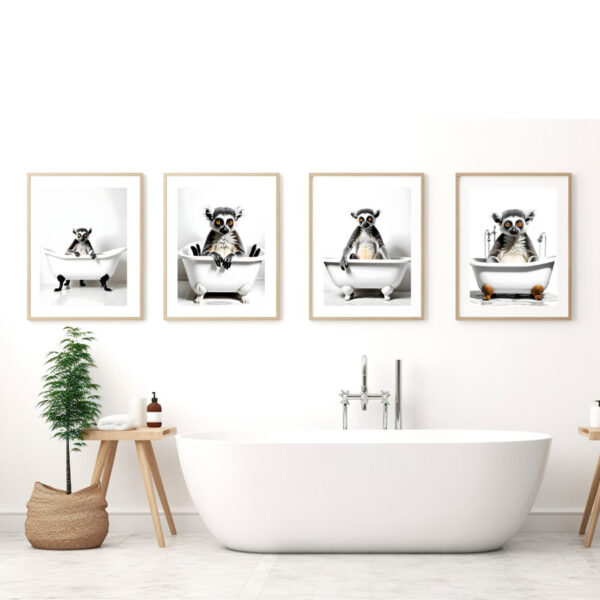 Animal Bathroom Art Lemur in Tub Printable Wall Art Set of 4 Digital Download