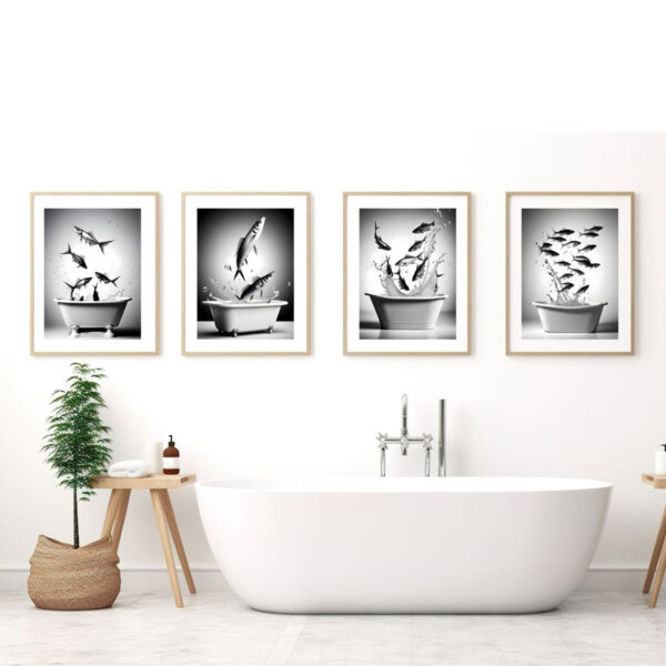 Flying Fish in Tub Printable Wall Art Decor Set of 4 Digital Download