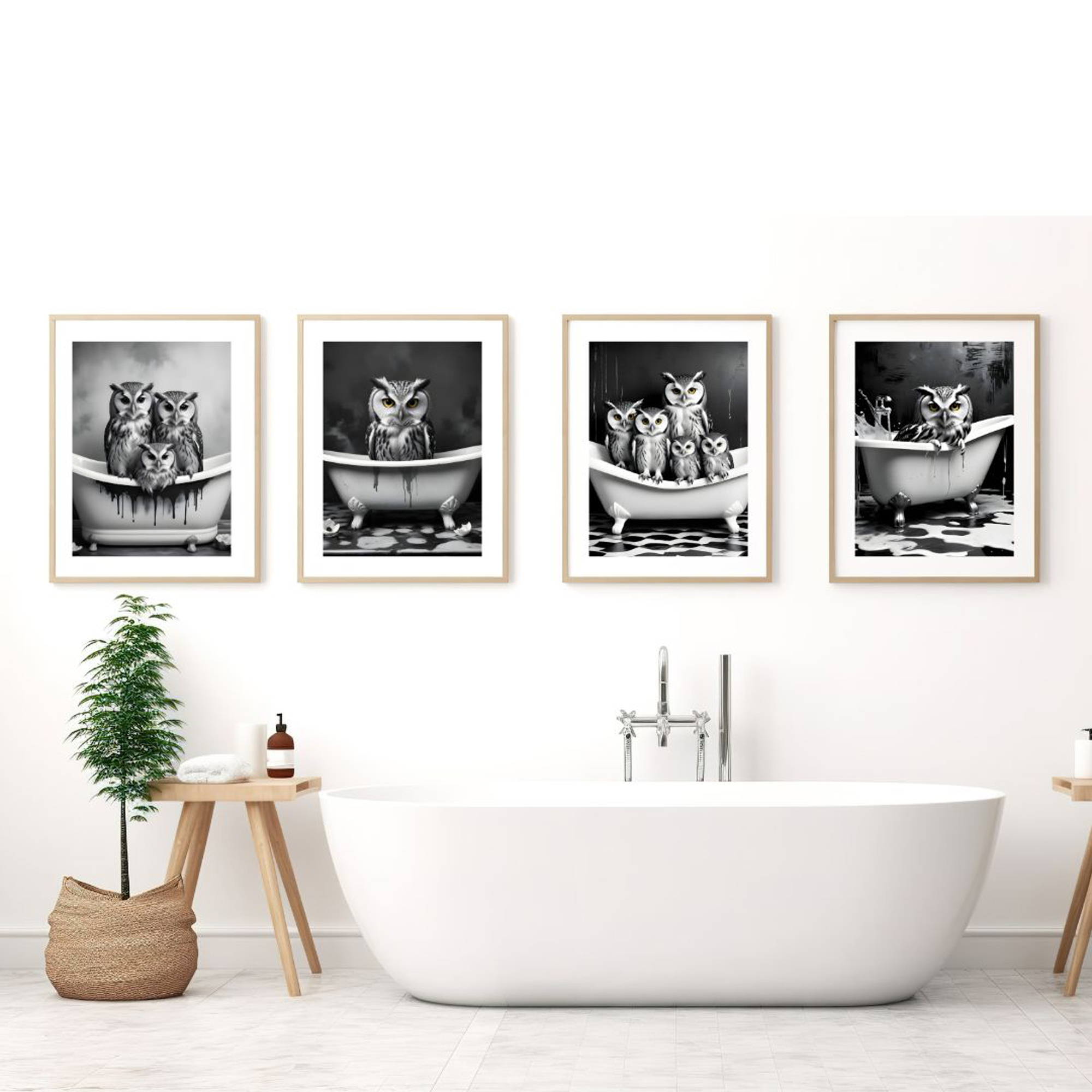 Owl in Tub Printable Wall Art Owls Photo Owl Art Set of 4 Digital Download