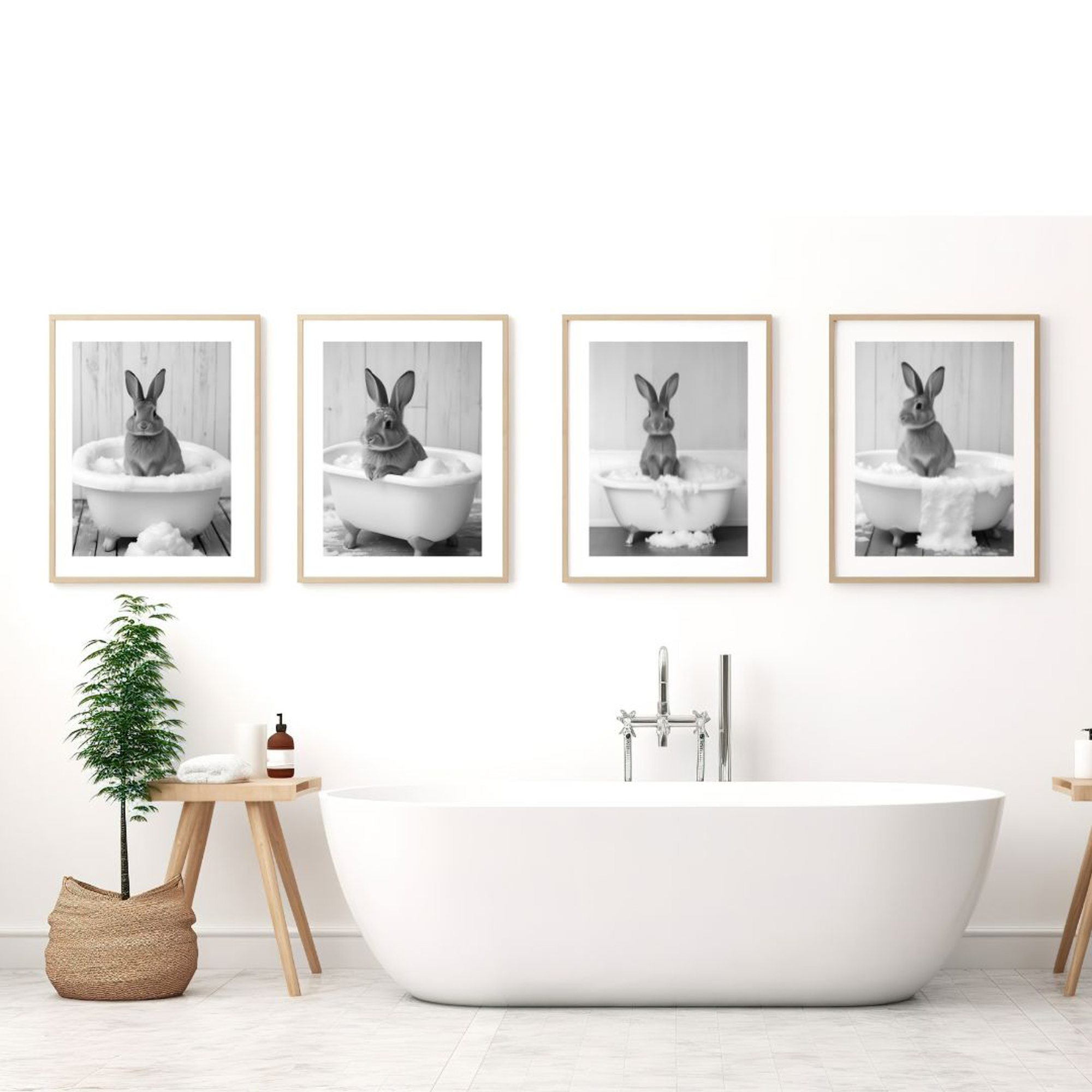 Rabbit in Tub Printable Wall Art Animal on Toilet Set of 4 Digital Download