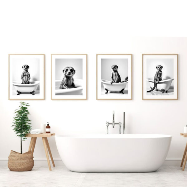 Animal Bathroom Art Meerkat in Tub Printable Set of 4 Digital Download