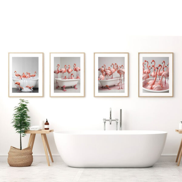 Flamingos in Tub Printable Wall Art Flamingos Set of 4 Digital Download